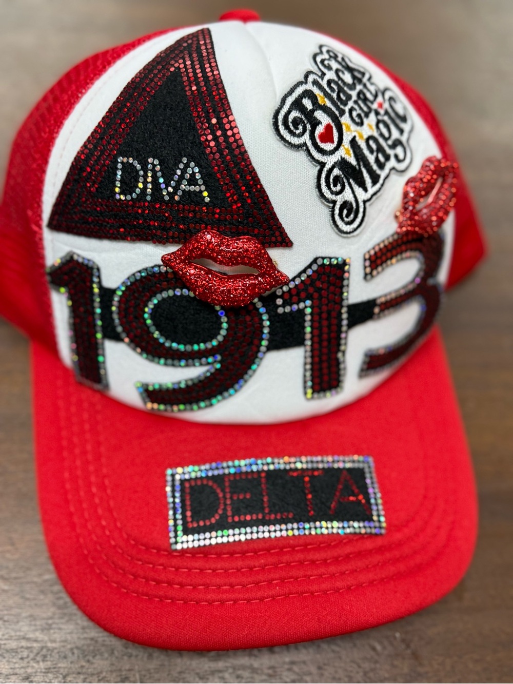 New Red and White Embellished 1913 Baseball Cap with Rhinestones